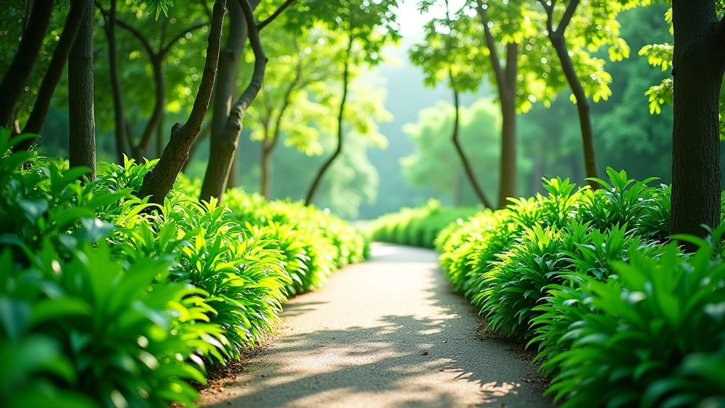 Serene walking path in lush green forest with natural light filtering through trees, peaceful outdoor setting