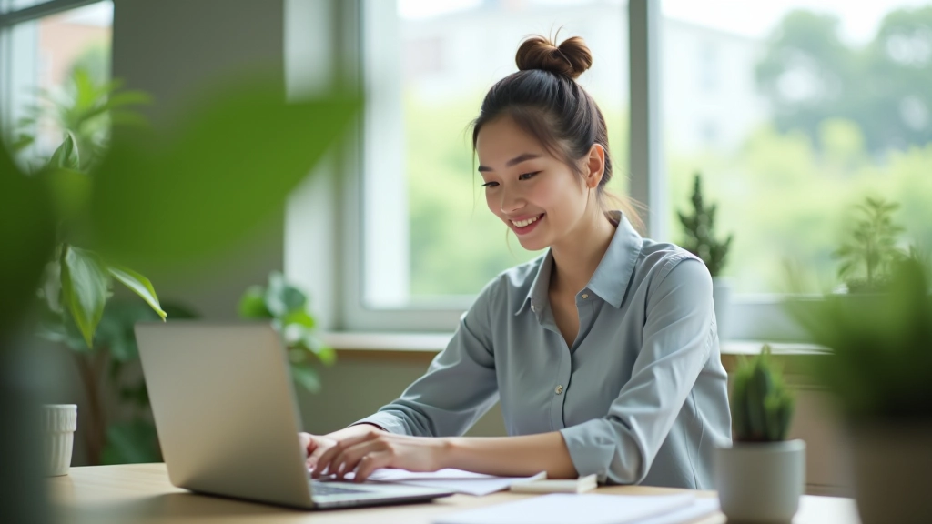 Person with laptop at desk during work hours, focused expression, organized workspace showing clear separation between work desk and living area
